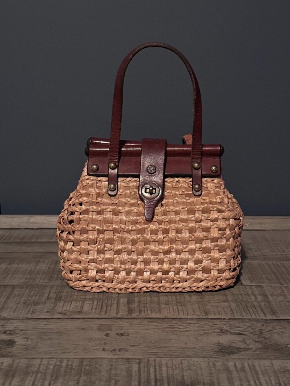 John Romain, Vintage 1960s Woven Straw & Leather Top Handle Handbag